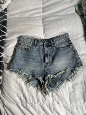 BDG Light Blue High-Rise Frayed Hem Jean Shorts